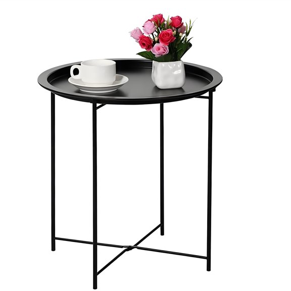 End Table, Metal Side Table Round Folding Tray Sofa Small Accent Fold-Able Table, Round End Table Tray, Next to Sofa Table, Snack Table for Living Room and Bed Room(Black)