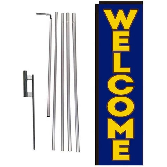 Blue Welcome Rectangle Feather Banner Flag with Pole Kit and Ground Spike for Outdoor Advertising Large Signs for Businesses by Feather Flag Nation