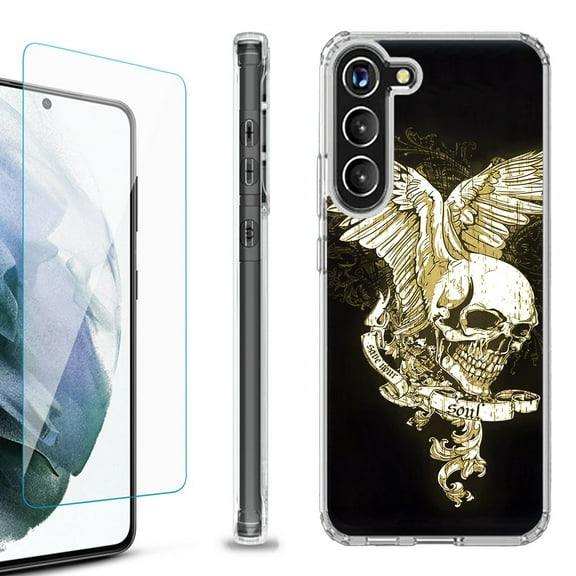 OneToughShield ® for Samsung Galaxy S23  S23 Plus 5G Shockproof Bumper Phone Case, with Tempered Glass Screen Protector - Wing Skull