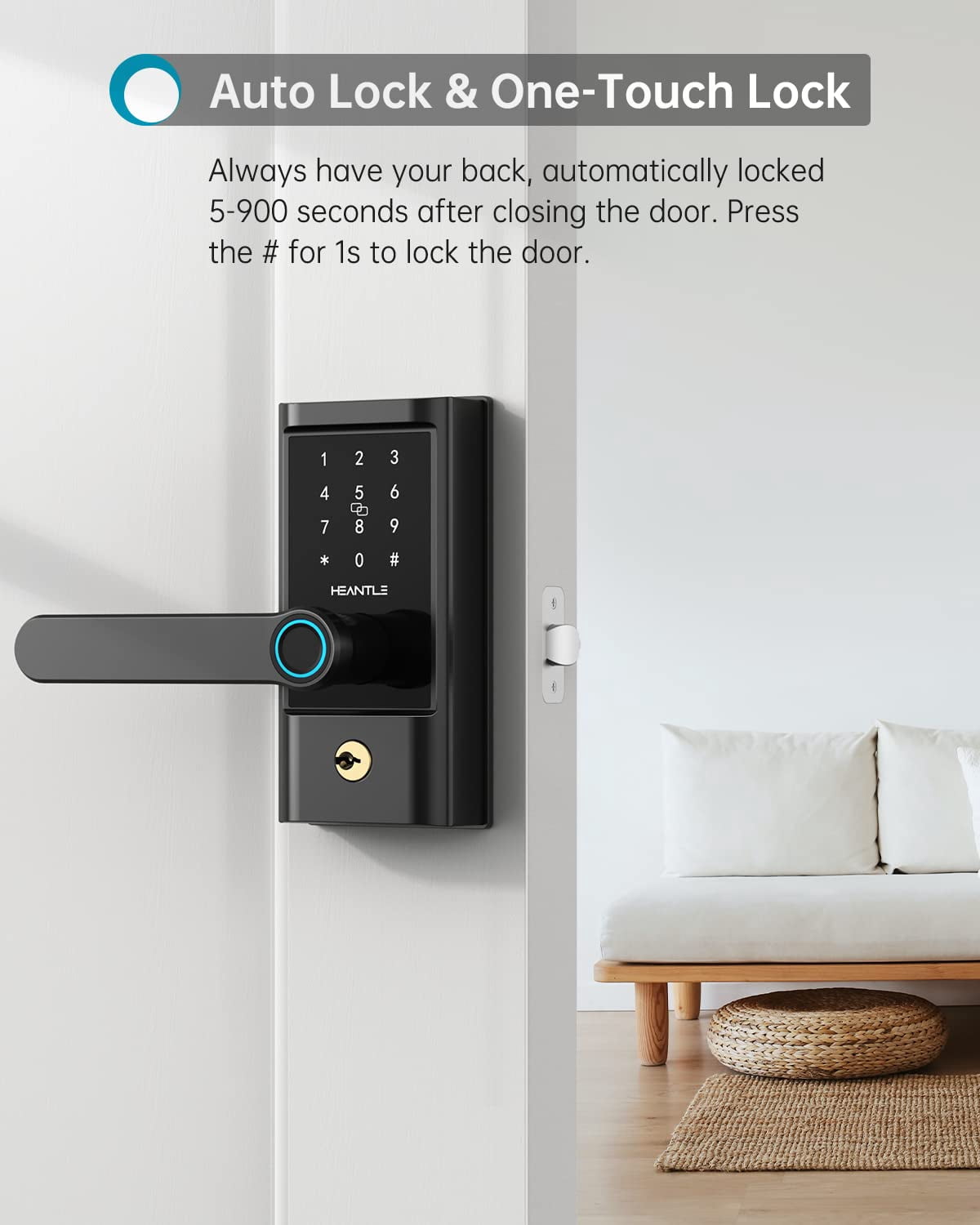 Smart Lock, HEANTLE Keyless Entry Door Lock, Smart Door Lock for Front Door, Door Lock with Handle, Fingerprint Door Lock, Google Smart Lock, Free App, IC Card, Code, Easy Installation (Black)