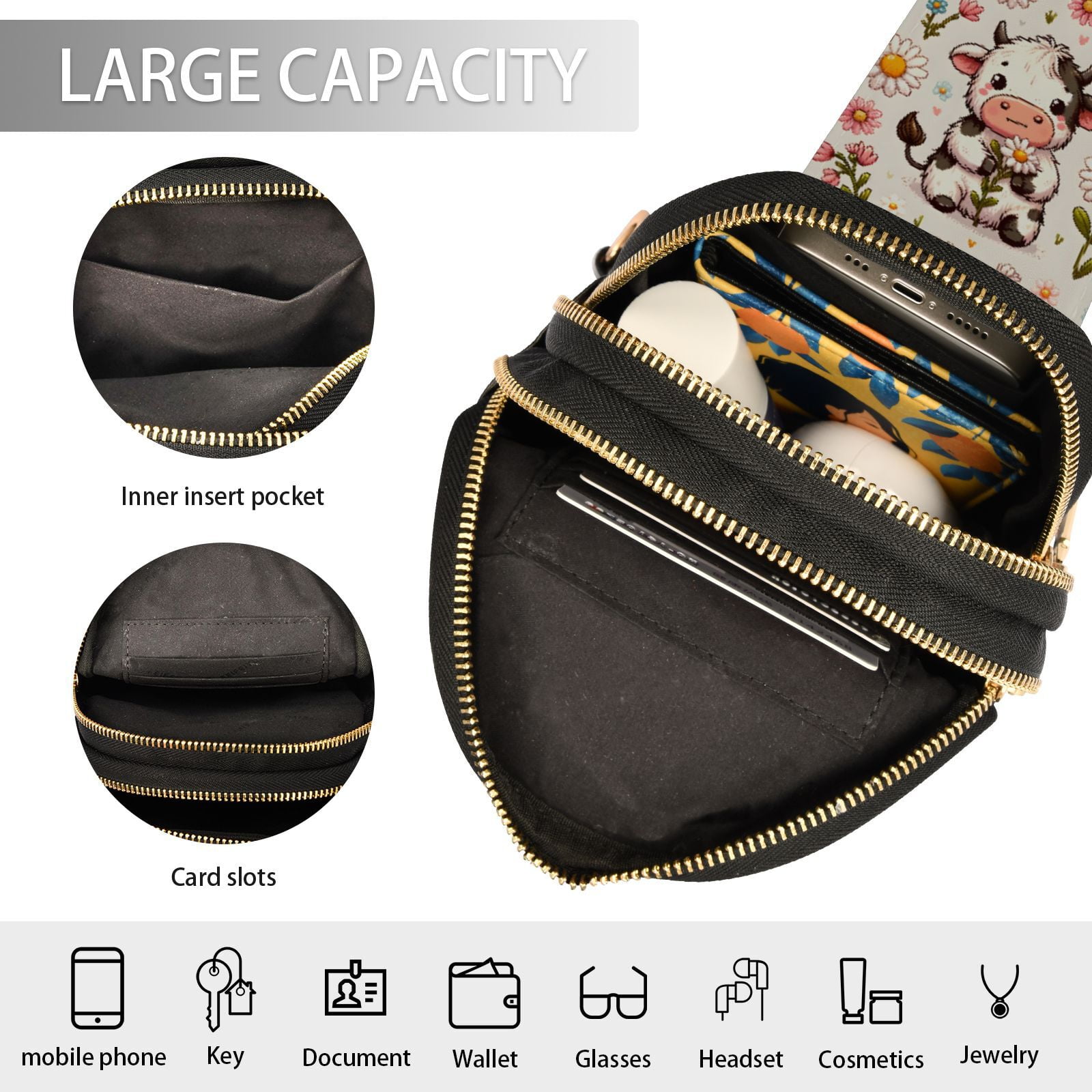 Cow on Flowers Crossbody Bags Backpack Chest Bag Shoulder Bag Waist Bag for Outdoor Travel Hiking Fitness Cycling