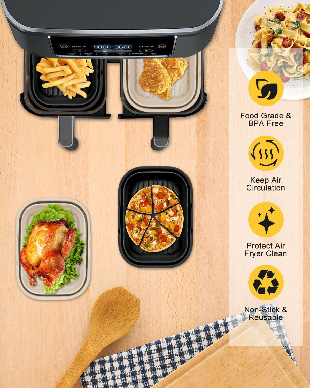 JJEAN-2-Pack Collapsible Air Fryer Silicone Liners for Ninja Foodi Dual Basket DZ201/DZ401/DZ550/DZ302, Reusable Airfryer Non-stick Rectangular Baking Basket Insert for Ninja 8QT-10QT Dualzone