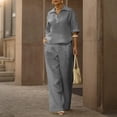 thumbnail image 6 of hoksml Women's 2 Piece Outfit Collared Neck Short Sleeve Top and Wide Leg Pants Cotton Linen Blend Casual Set, 6 of 8