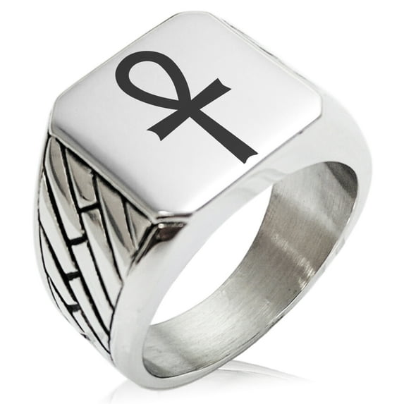 Stainless Steel Egyptian Ankh Cross Geometric Pattern Biker Style Polished Ring