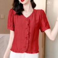 thumbnail image 2 of JUNWELL 2024 New Solid Color Women‘s Summer Casual Versatile Cardigan Button Spliced Ruched Ruffles Loose V-neck Short Sleeve Shirt Tops, 2 of 7