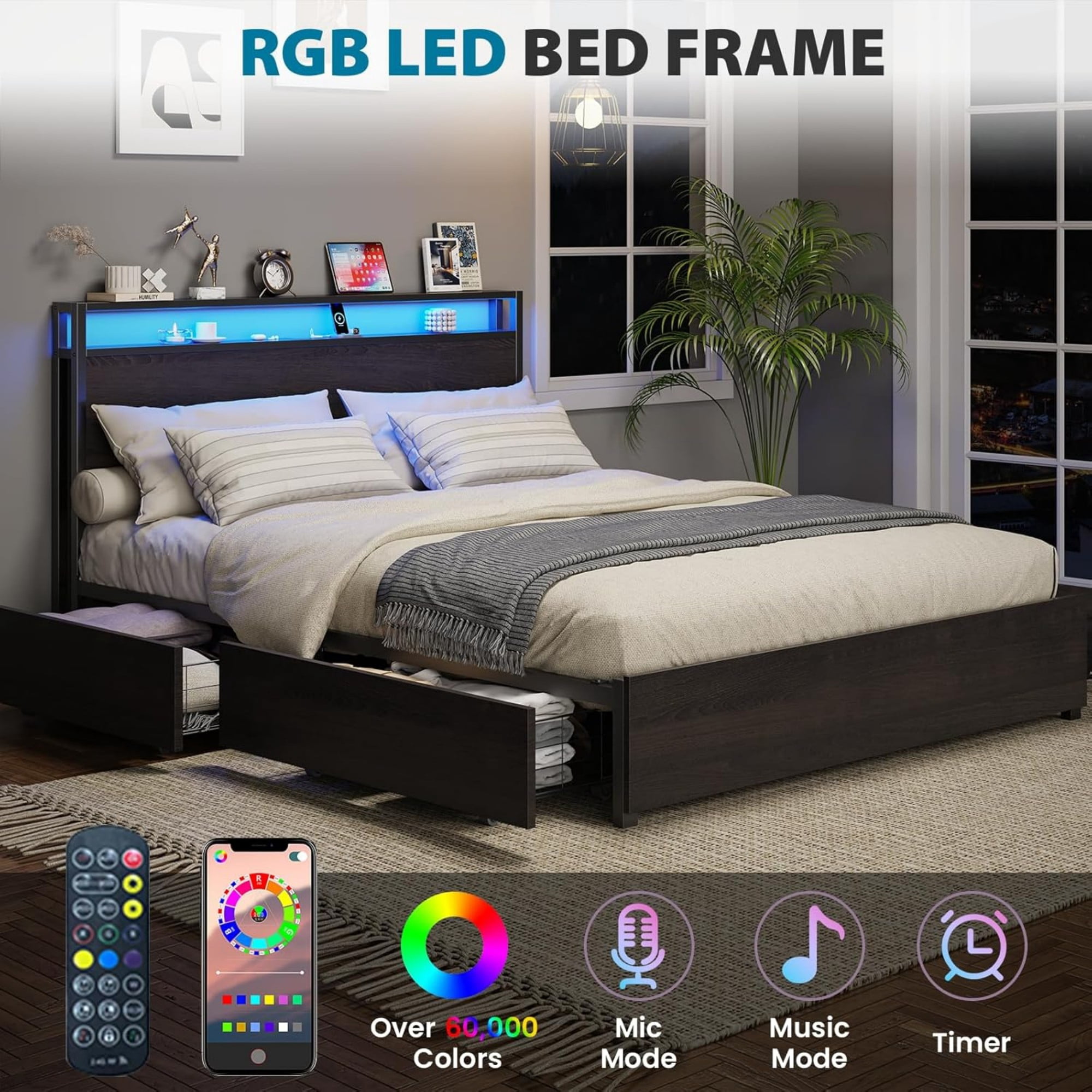 AENKYO Full Size Bed Frame with LED Lights, Storage Headboard & 4 Drawers, Built-in Charging Station, Antique Black