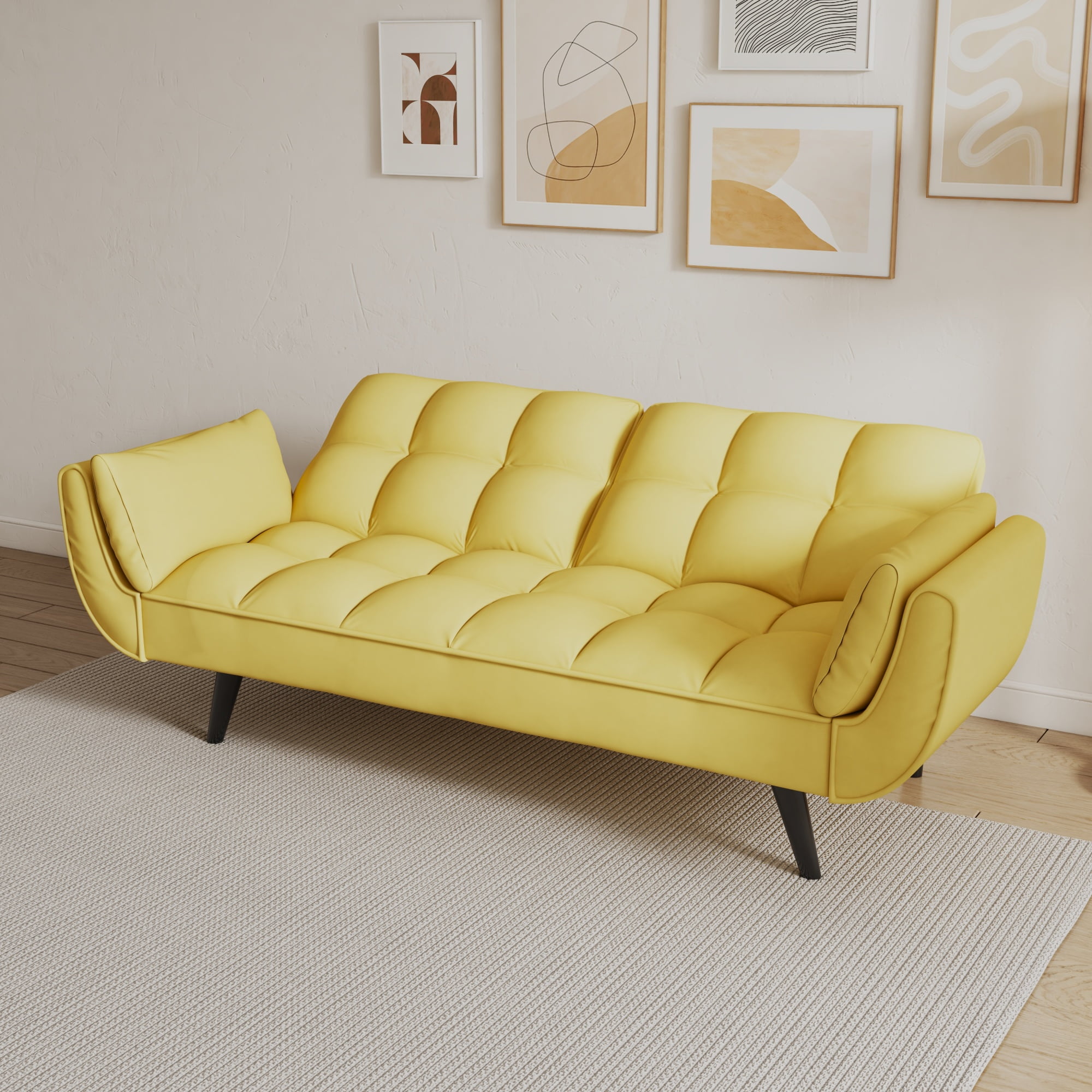 Leumius 74" Modern Loveseat Sofa for Living Room,Velvet Futon sofa bed with Adjustable Back & with 2 Throw Pillow for Bedroom,Small Spaces,Yellow