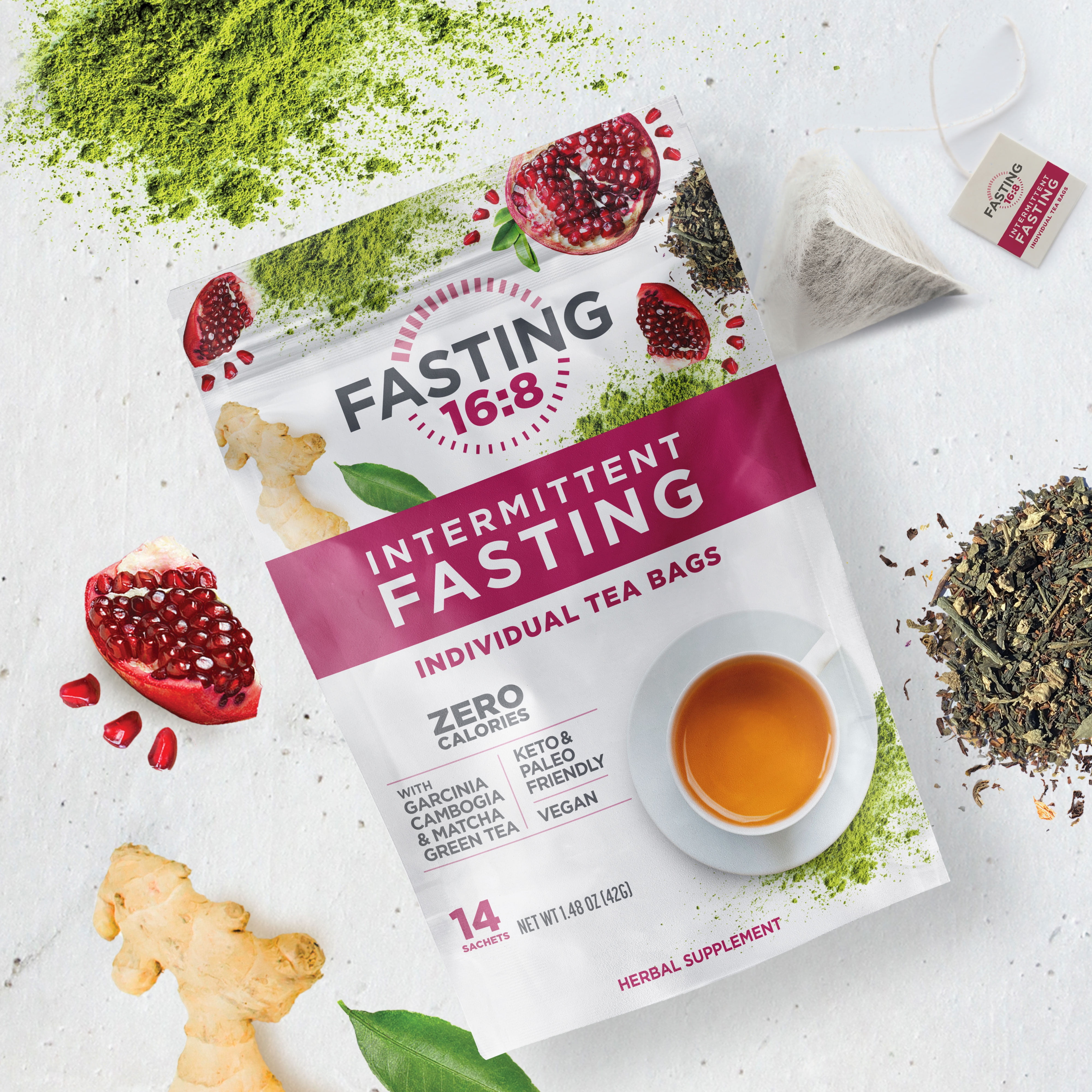 Fasting 16:8 Intermittent Fasting Individual Tea Bags, 0 Sugar, 0 Calories, Vegan, Gluten & Diary Free, 14 Count
