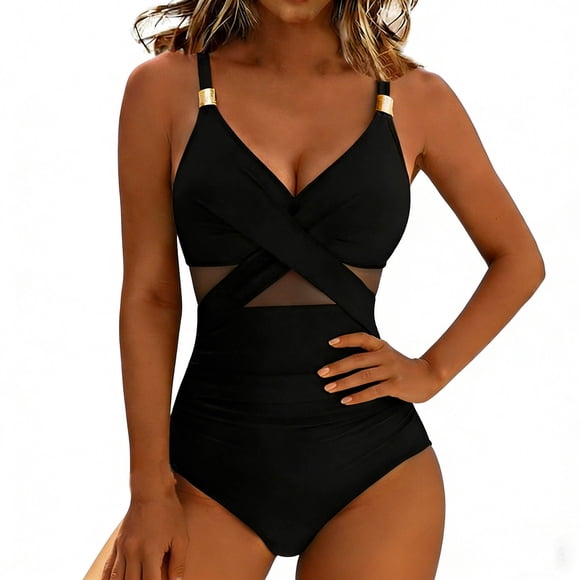 Womens One Piece Swimsuit Tummy Bathing Suit Slim Fitting Full Cover Mesh Patchwork Swim Wear for Summer Beach Black S