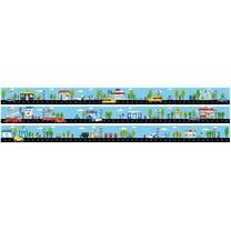 Tiny Town Street Road Wall Border Wall Decal / 4.5 inch x 13 Feet of Roads with Cars and Trucks Bus, Mail, Fire, Ice Cream, Police with School, Toy Store, Bank, Police and Fire Station.