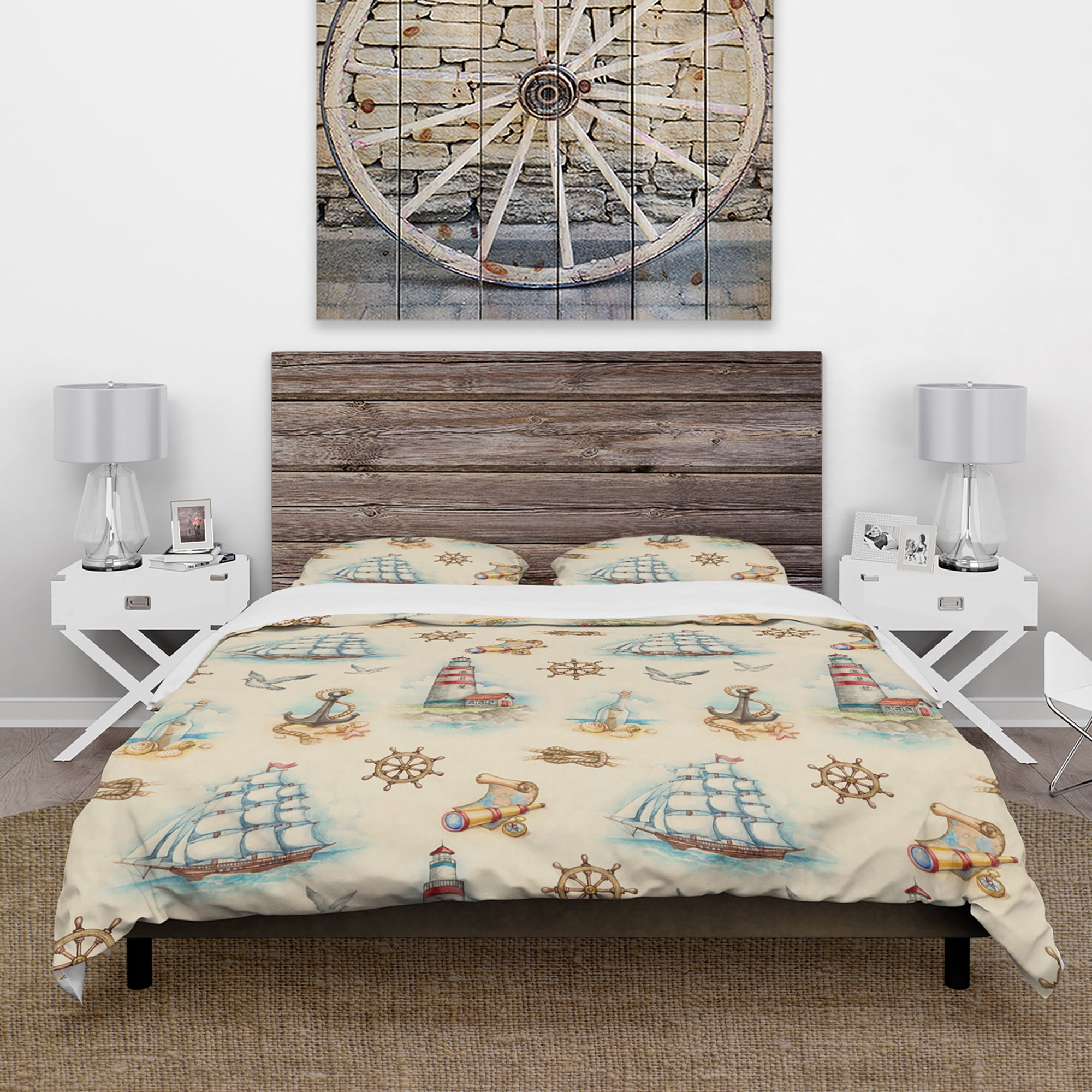 Designart 'Watch tower, binocular, sail boat' Coastal Duvet Cover Set
