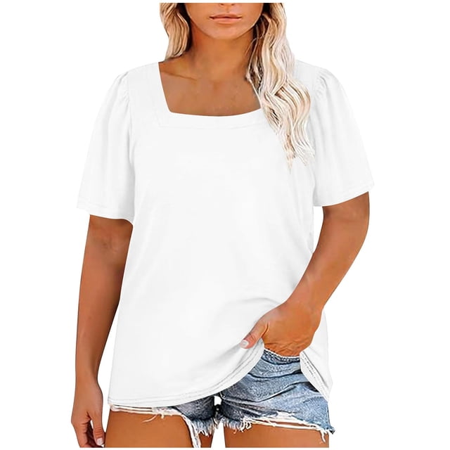 StSilkitty Plus Size Casual T-Shirts for Womens Summer Short Sleeve Square Collar Tee Shirt Solid Color Lightweight Tops