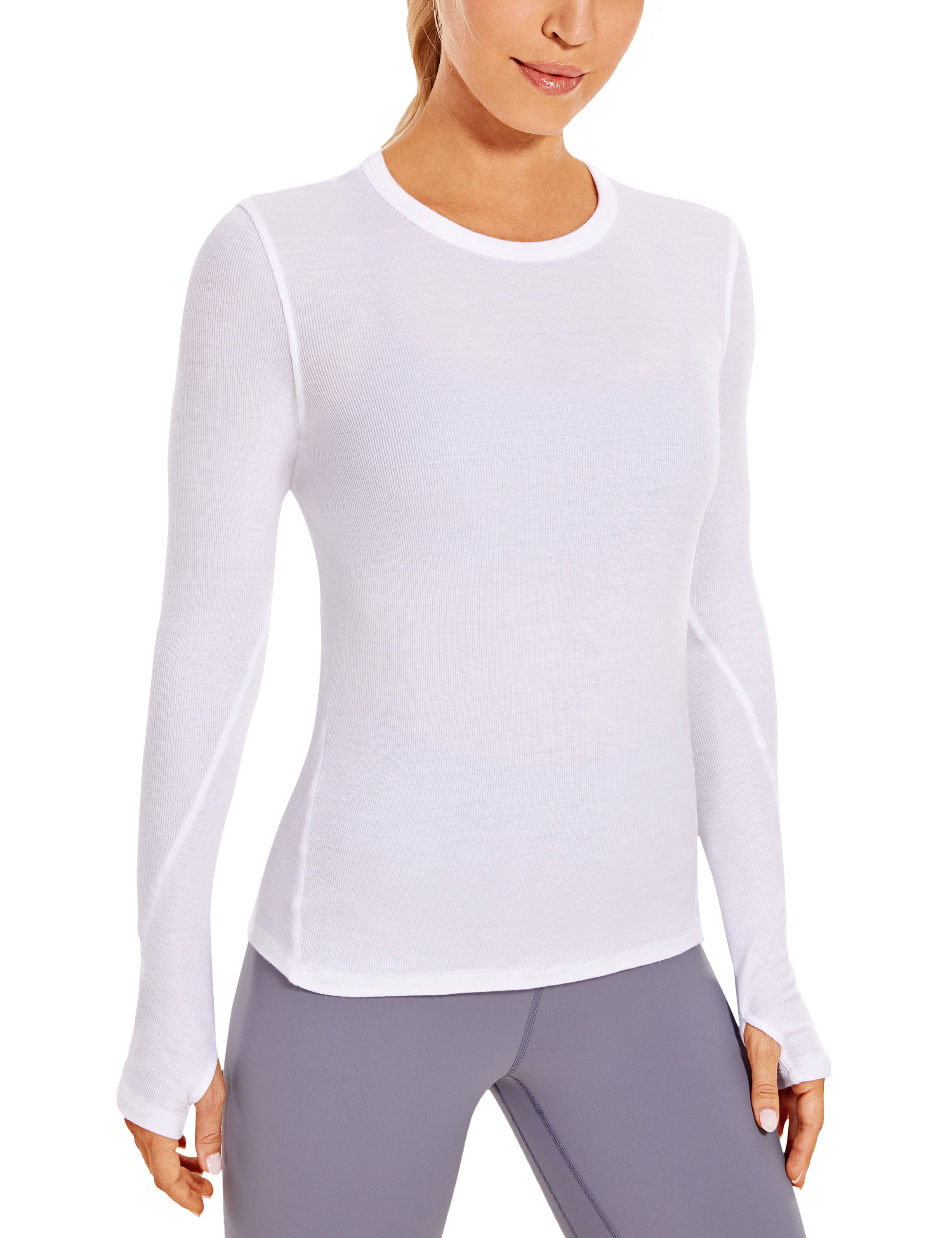 CRZ YOGA Womens Ribbed Slim Fit Athletic Shirt Long Sleeves Sports Workout Tops with Thumbholes