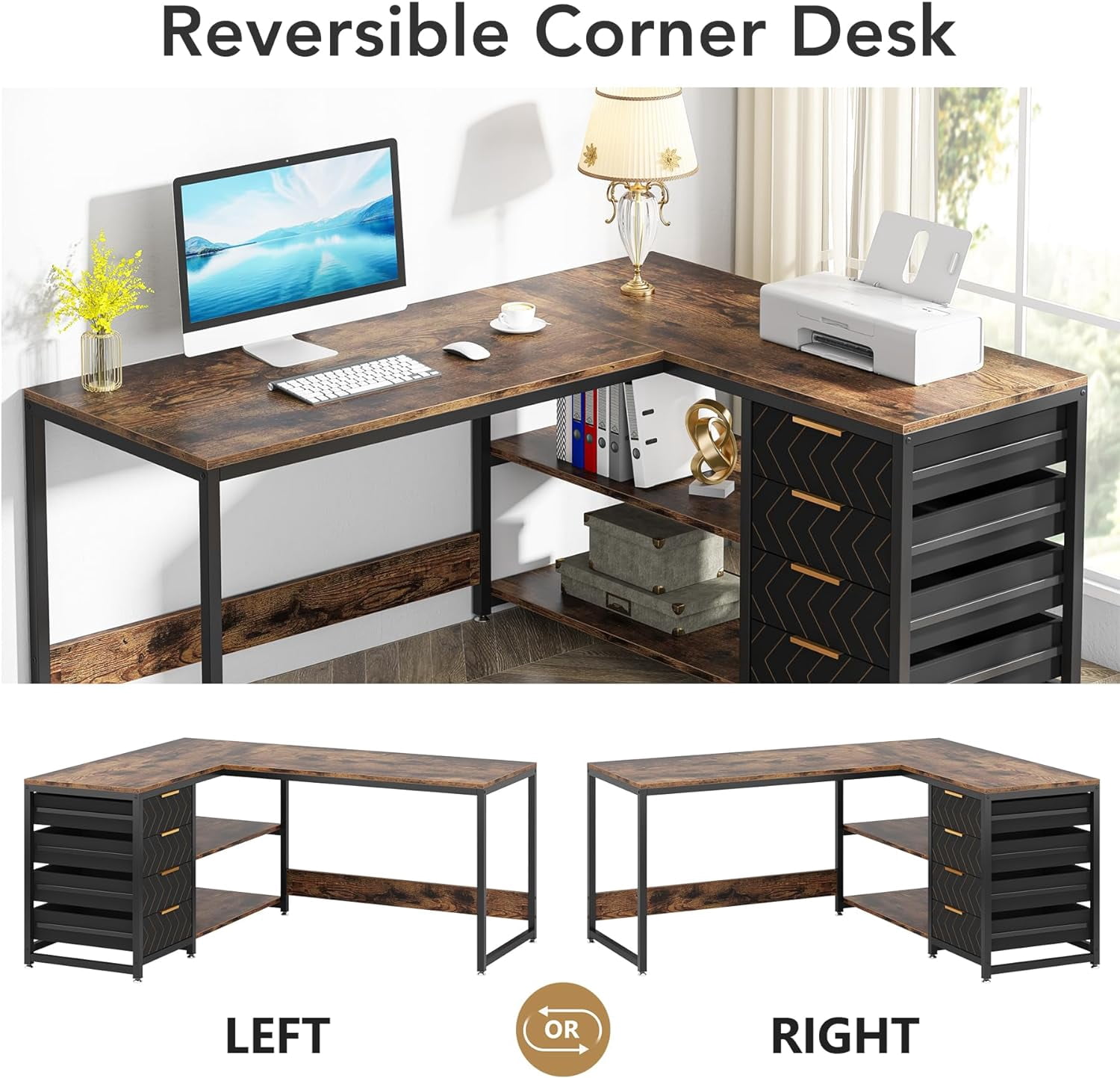 Tribesigns L Shaped Computer Desk, 59" Modern Reversible Office Corner Desk for Home Office, Brown