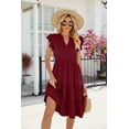 thumbnail image 4 of Summer V-neck Ruffle Sleeve Short-sleeved Solid Color Casual Dress, 4 of 8