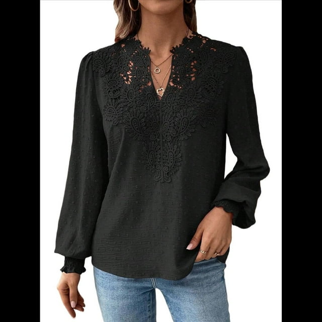 Blusas Bohemias de Larga con Cuello en V para Mujer, Blusas de con Lunares, Ropa de Crochet con Encaje Fluido, Ropa Informal de Moda. Negro L