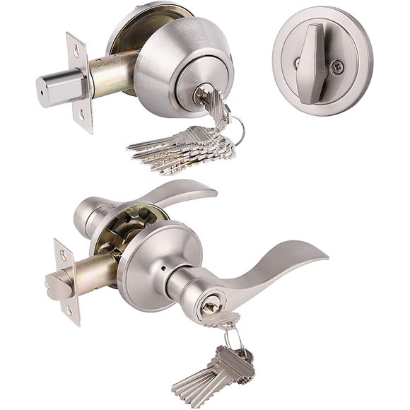 EcoNesxp Keyed Front Door Exterior Door Lever Lockset Pack 1 Pack Satin Nickel Pack Satin Nickel Pack 1 Pack Door Handle with Lock and Latch Satin Nickel Trim