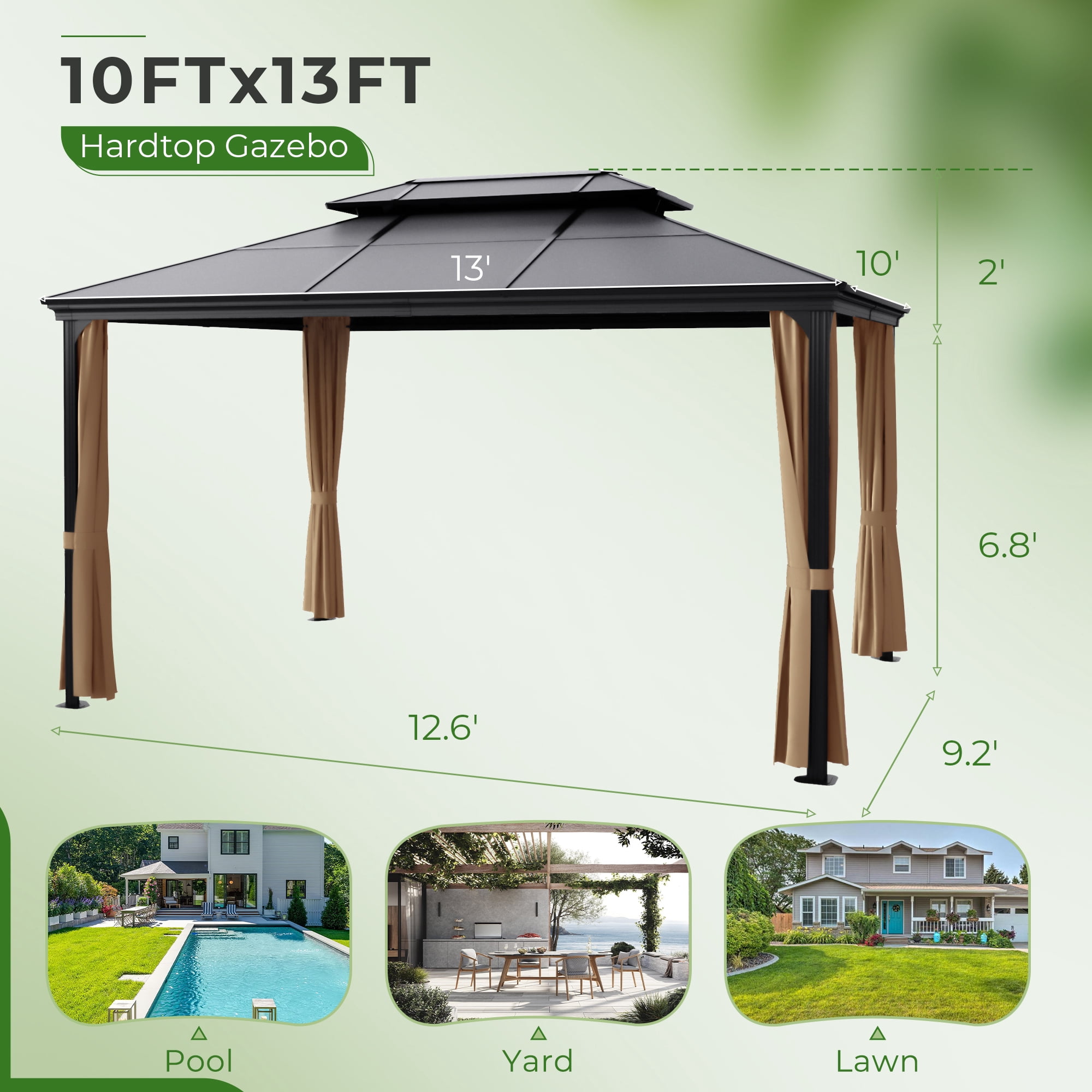 Furmax 10' x 13' Hardtop Gazebo, Black Polycarbonate Roof Aluminum Frame Netting & Curtains