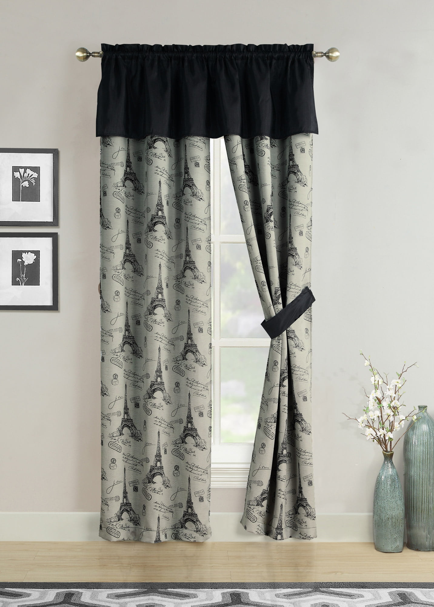 Window Curtains Black Gray Paris Eiffel Tower French Script Valance Panel Pair Drapes 84