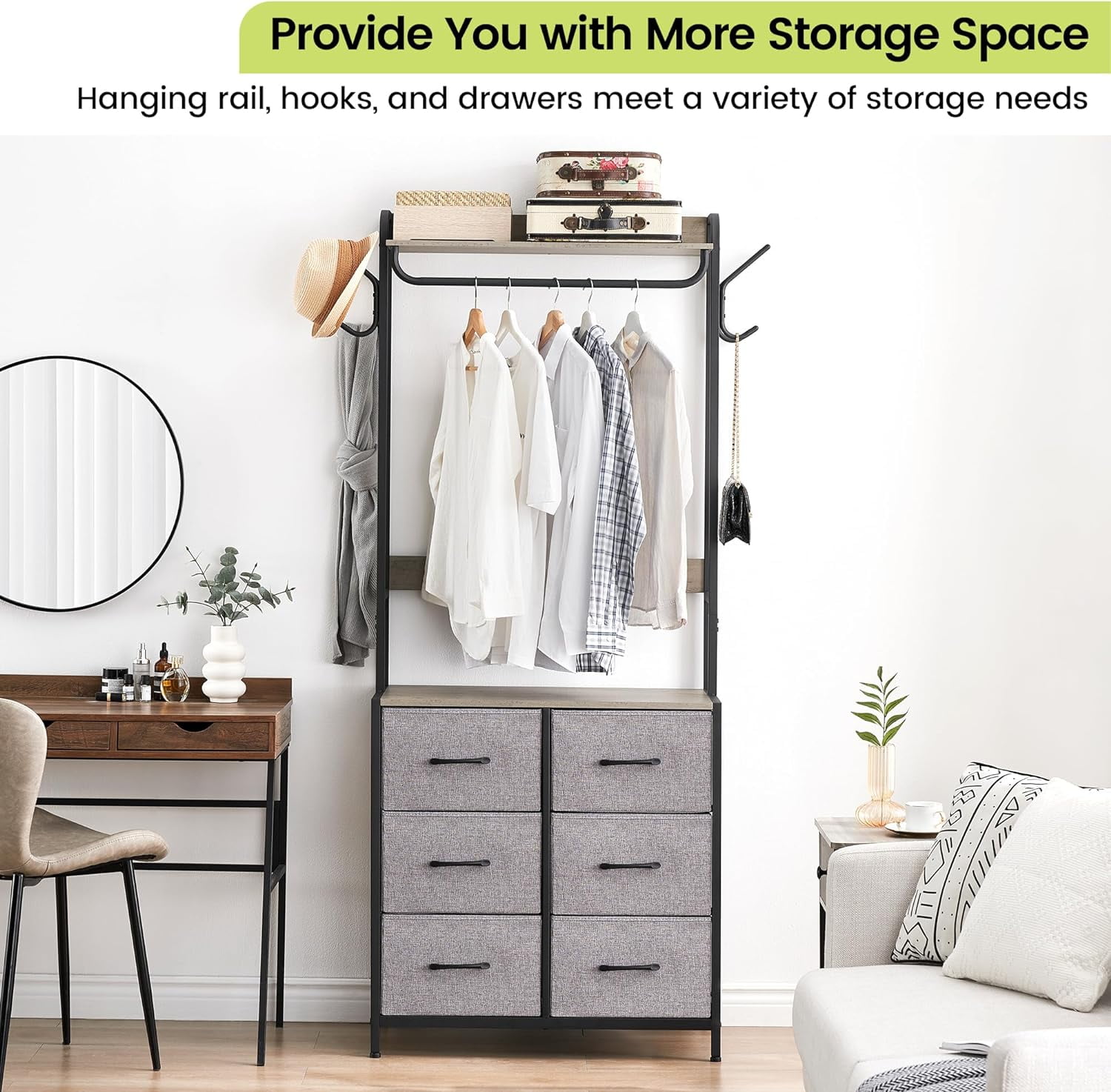 Jojoka 6-Drawers Dresser with Clothes Rack, 4 Hooks and Hanging Rods, Chest of Drawers Storage Organizer with Metal Frame, Wood Top & Fabric Drawer Jojoka 6-Drawers Dresser with Clothes Rack, 4 Hooks and Hanging Rods, Chest of Drawers Storage Organizer with Metal Frame, Wood Top & Fabric Drawer