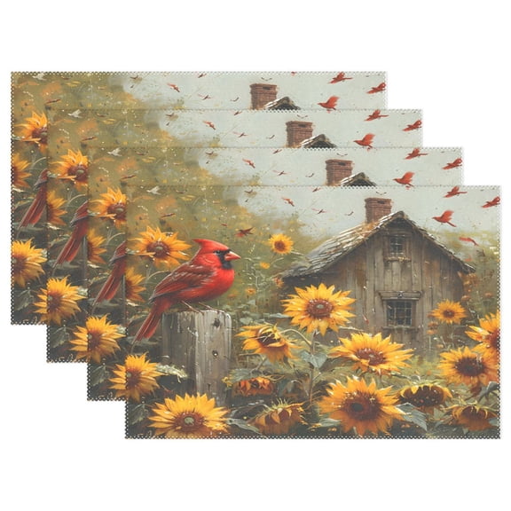 Ryvnso Placemats Set of 4 Cardinal with Sunflowers Dining Mats Heat-Resistant Non-Slip Washable Table Mat