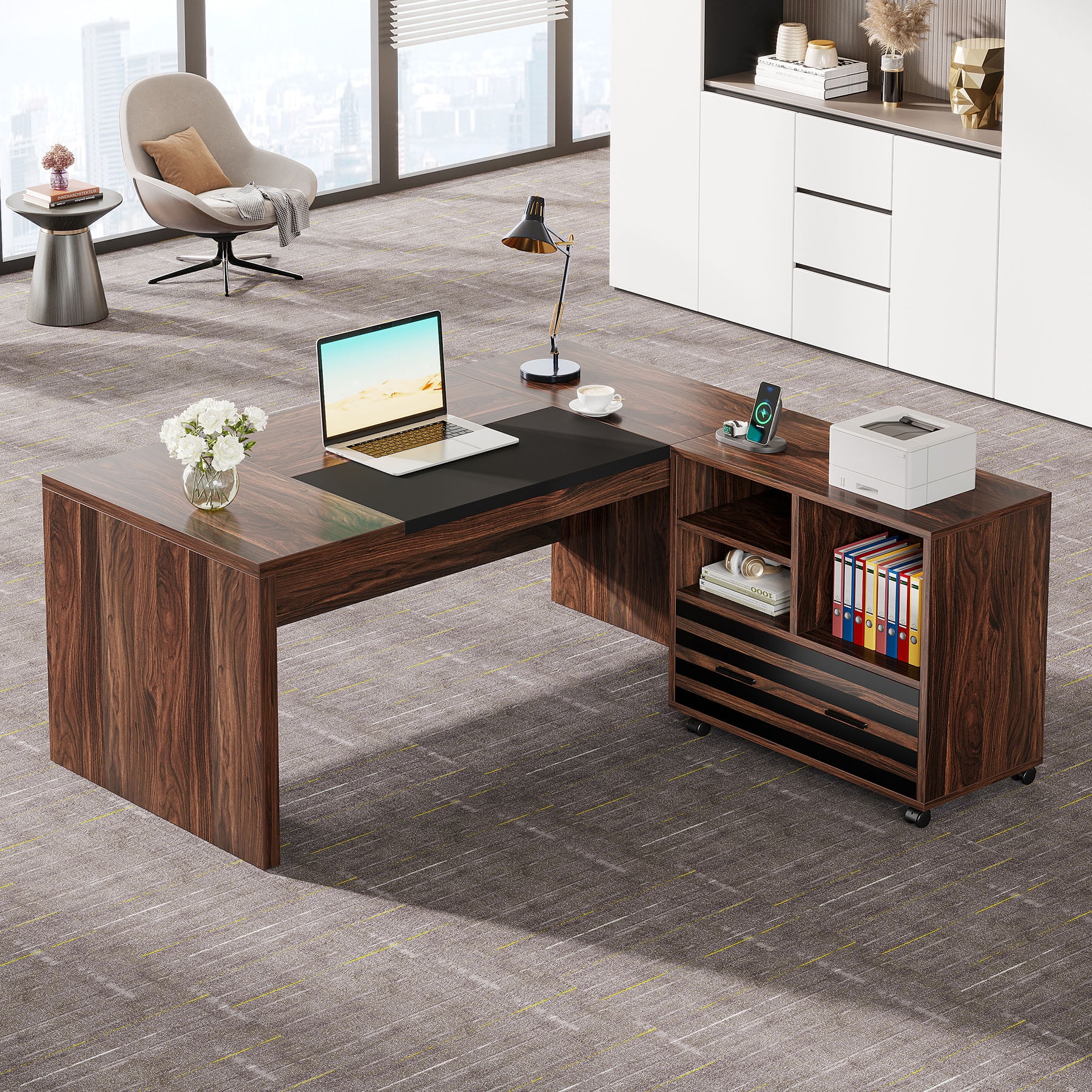 Tribesigns 62.2" Executive Desk with Mobile File Cabinet, L-Shaped Office Desk with Storage Shelves, Large Computer Desk Business Workstation Set for Home Office, Dark Brown