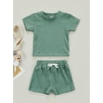 thumbnail image 3 of Chollius Newborn Baby Boy Girl Casual Outfit Solid Color Ribbed Short Sleeve Tops High Waist Tie-up Shorts, 3 of 8