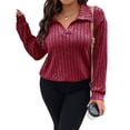 thumbnail image 3 of Suéter de Punto Informal de Talla Grande para Mujer, Cuello en V, Solapa, Color Liso, Camisa de Larga. Vino Tinto 5XL, 3 of 8