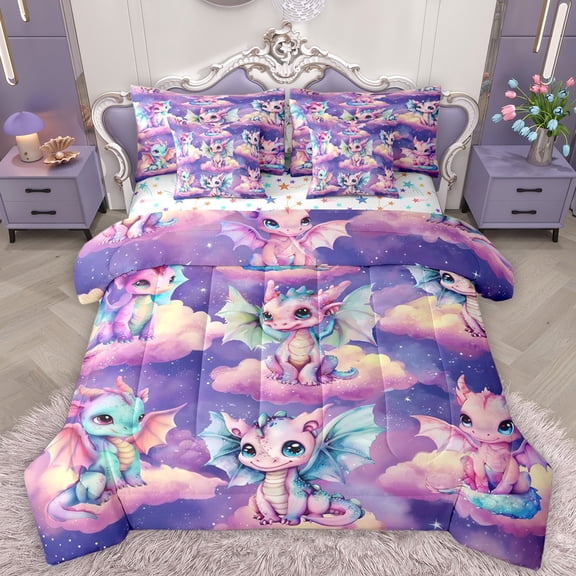 Homewish Kawaii Animal Dragon 7-Piece Twin Bedding Set - Starry Sky Cute