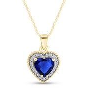 Blue Sapphire & White Zirconia Heart Pendant Necklace in 14K Yellow Gold Over Silver For Women
