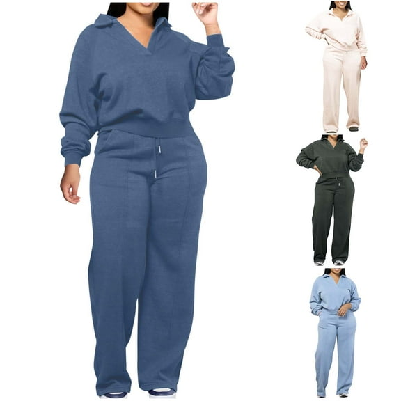 VBTAPA Women Plus Size 2 Piece Outfits Solid Casual Sweatsuit Y2K Tracksuit Crop Top and Pants Matching Set Blue L