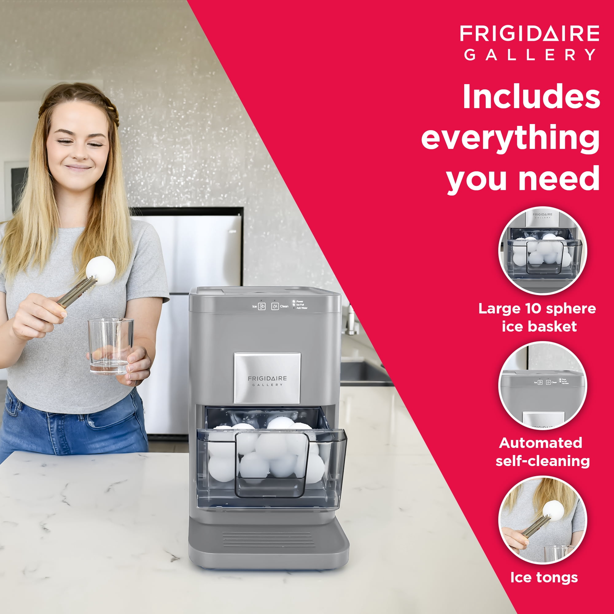 Frigidaire Gallery 44 lbs. Artisanal Sphere Ice Maker, Self-Cleaning Ice Machine with Touchscreen  Controls, Grey