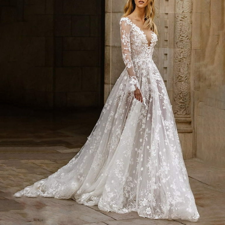 chinese dress ladies V-neck Long Sleeves Mermaid Lace Country Wedding Dresses – Berryera main image 1