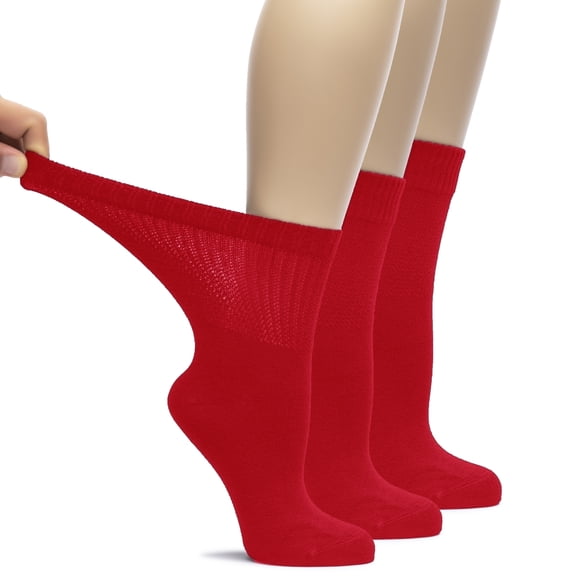 HUGH UGOLI Women's Bamboo Loose Fit Diabetic Crew Socks, Seamless Toe & Non-Binding Top for Swollen Feet, Soft, Extra Wide and Stretchy, 3 Pairs, Red, Shoe Size: 10-12
