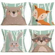 JOOCAR Set of 4 Throw Pillow Cases Cartoon Animal Woodland Decorative Cotton Linen Cushion Cover Bear Fox Rabbit Home Baby Room Decor Standard Pillowcase 18x18 Inches