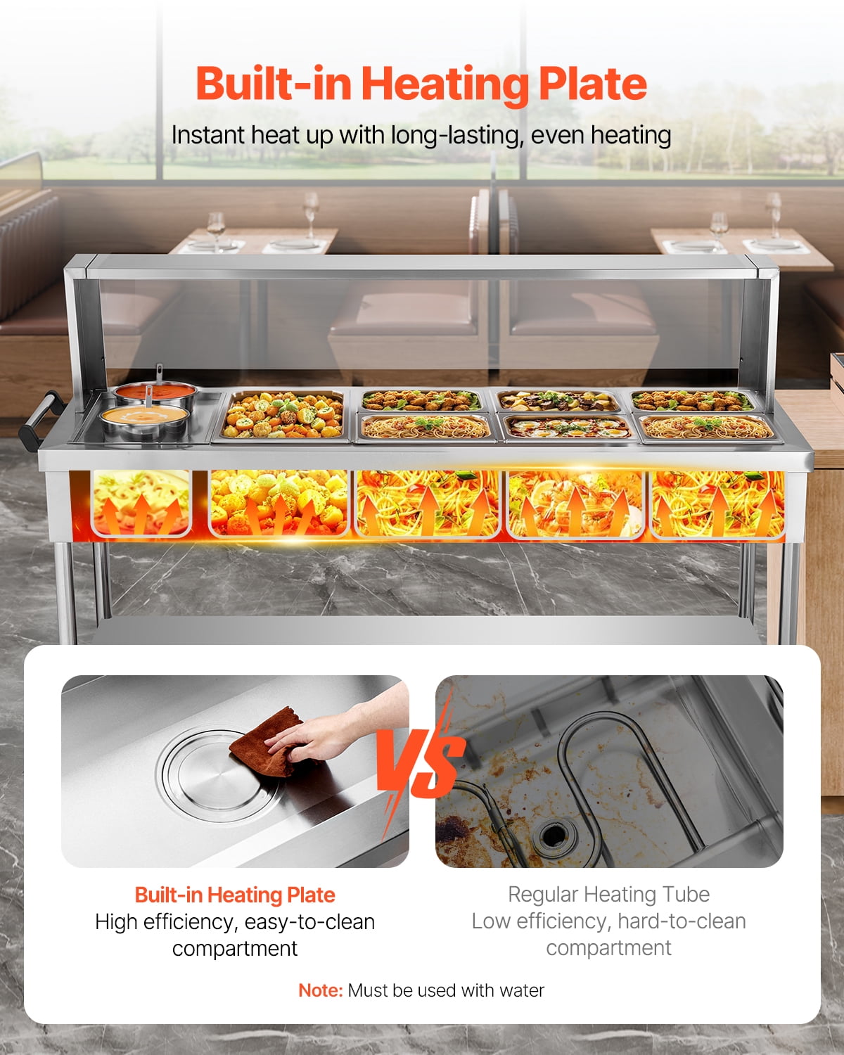 VEVOR Commercial Electric Food Warmer, 7 Pans + 2 Pots Steam Table, 1800W Professional Buffet Catering Food Warmer with Shield Undershelf Wheels, Stainless Steel Server
