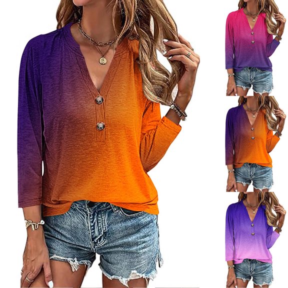 2025 New Fashion Plus Size Women's 3/4 Sleeve Solid Color Button Shirt Women's Loose T-shirt Top V-neck Top/Shirt Short Sleeve V-neck Top/Shirt