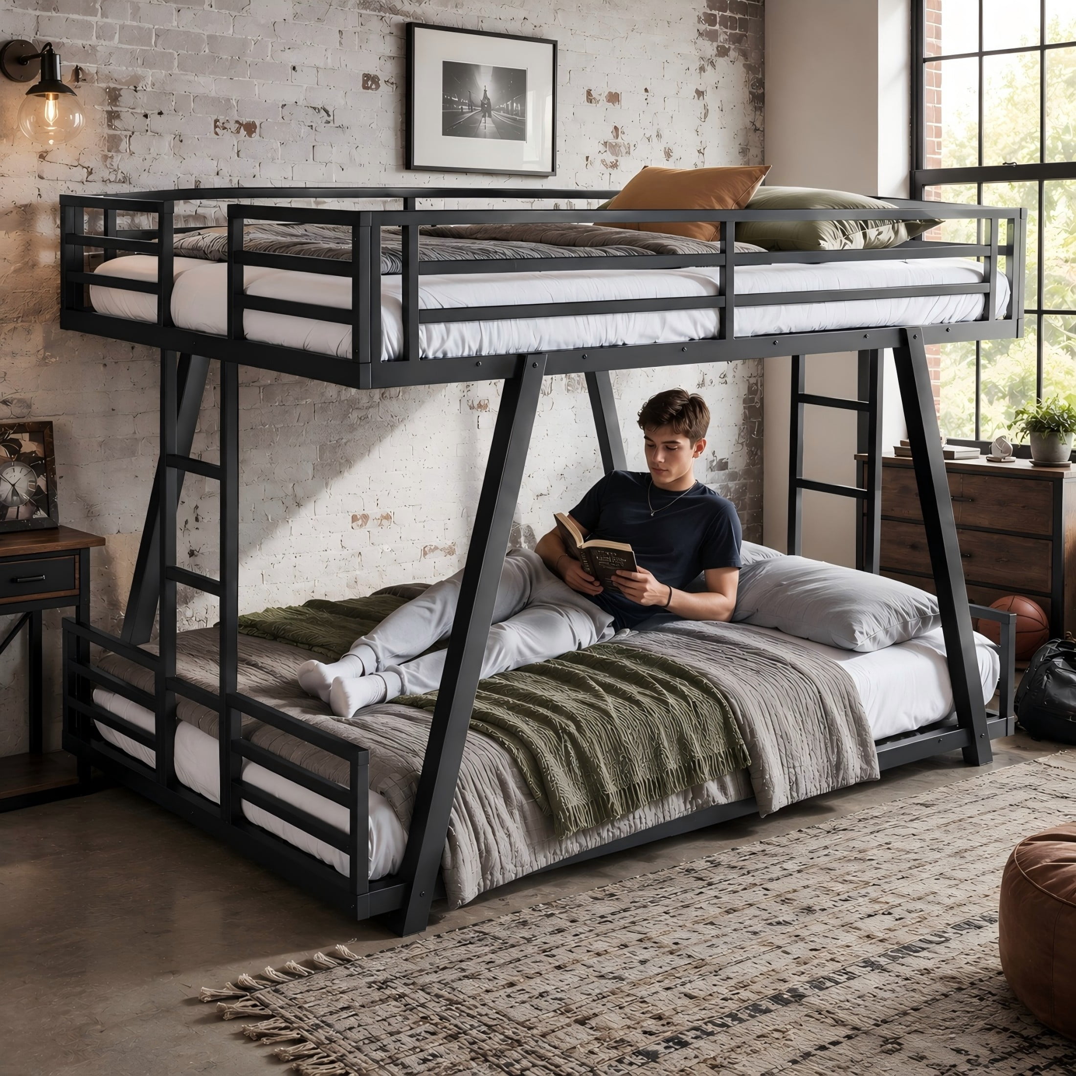 Aukfa Queen over Queen Metal Bunk Bed with Heavy Duty A-Frame Support Design, 2 Side Ladders, Low Profile, Black