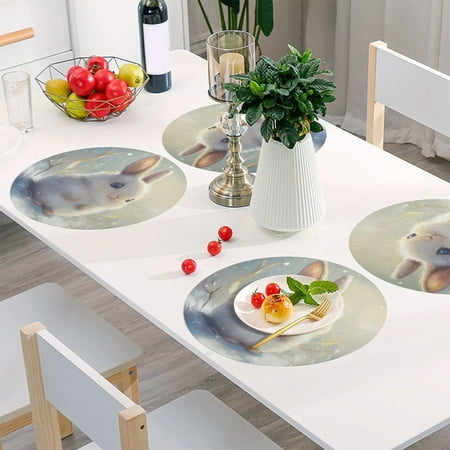 

Round Grid Placemat One Sizex4 Round Placemat PVC Plate Mat，15.4 Inch Non-Slip and Heat Resistant Table Placemat Dining Room Placemat Cartoon Beautiful Gray Rabbit