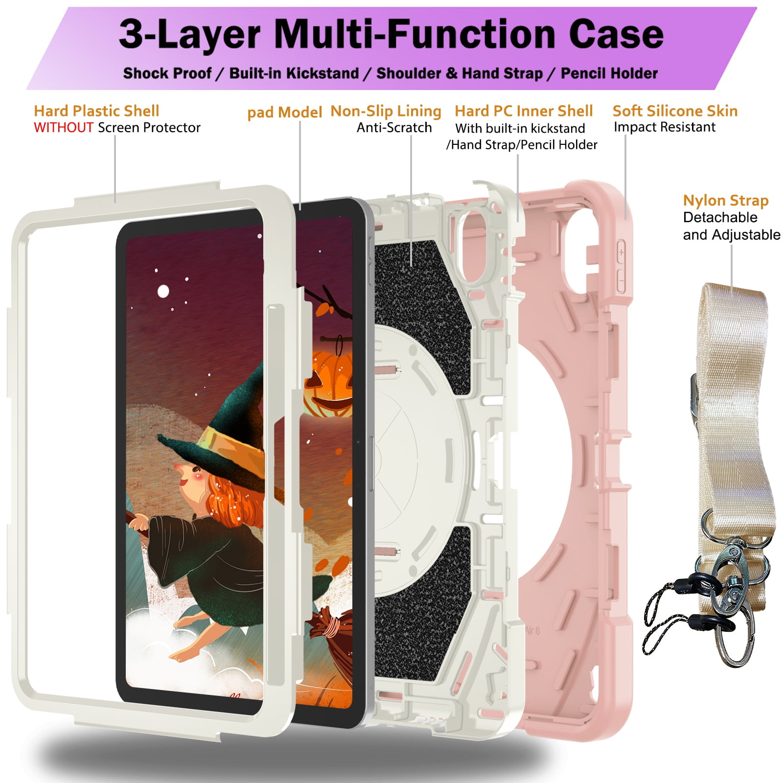 ELEHOLD Case for Apple iPad 10th Gen, Heavy Duty Shockproof Case with Pencil Holder/Stand/Hand Strap/Shoulder Belt, Rugged Protective Cover for Boys Girls,Pink