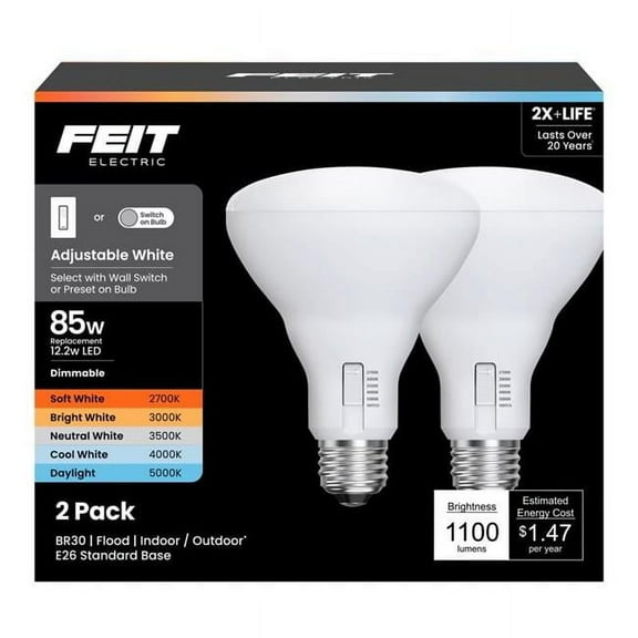 Feit Electric 3018670 85W BR30 E26 Adjustable Equivalence Medium LED Bulb, White - Pack of 2