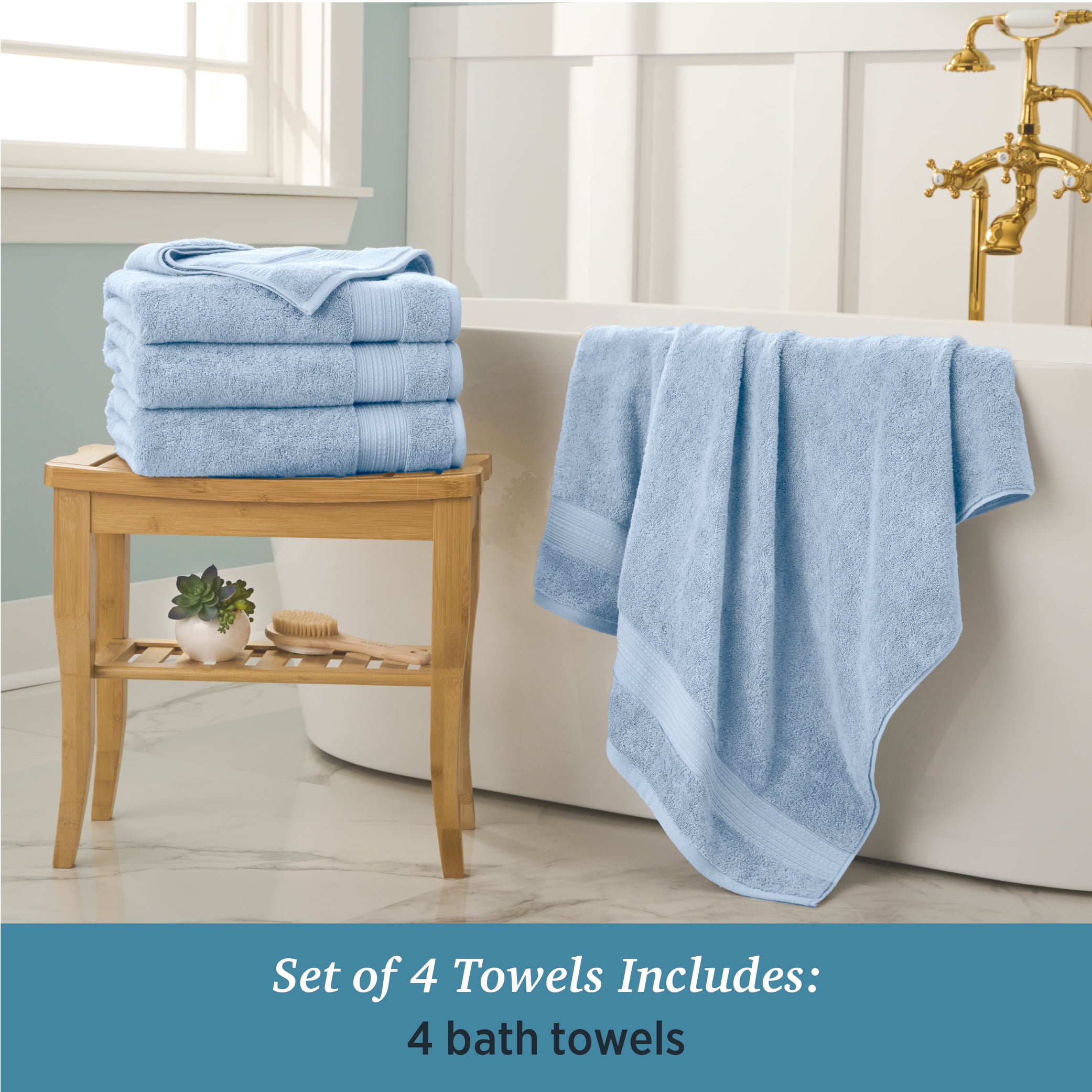 WelHome 100% Cotton 4 Piece Ultra SOFT TWIST Solid Bath Towels Set, 600 GSM, 30in x 54in, Highly Absorbent, Bathroom Towels For Everyday Use, Light Blue