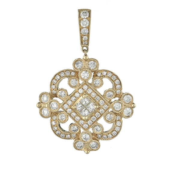 18K Yellow Gold Fancy Ladies Vintage Pendant  with  Diamonds 0.87 ct.t.w & 10K Yellow Gold 16 Inches Chain