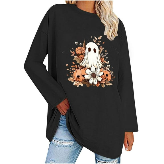 CLOISE Halloween Blouses for Women Funny Halloween Ghost Graphic Shirts Long Sleeve Crew Neck Drop Shoulder Blouses Flowy Tunic Oversized Tees Boo Holiday Clothes Winter Gift