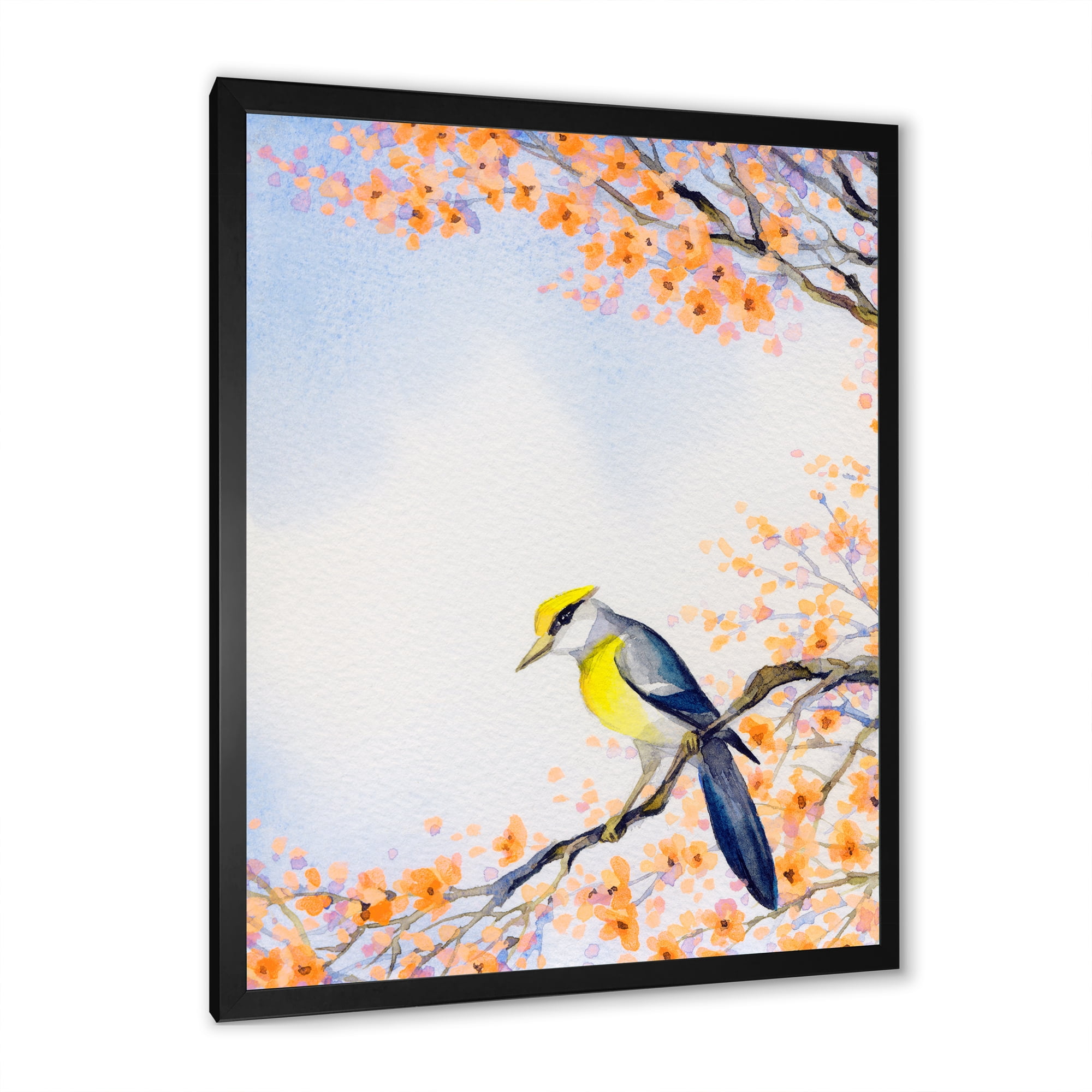 Beautiful Blue Bird Sitting On Flowering Branch II 12 in x 20 in Framed Painting Canvas Art Print, by Designart