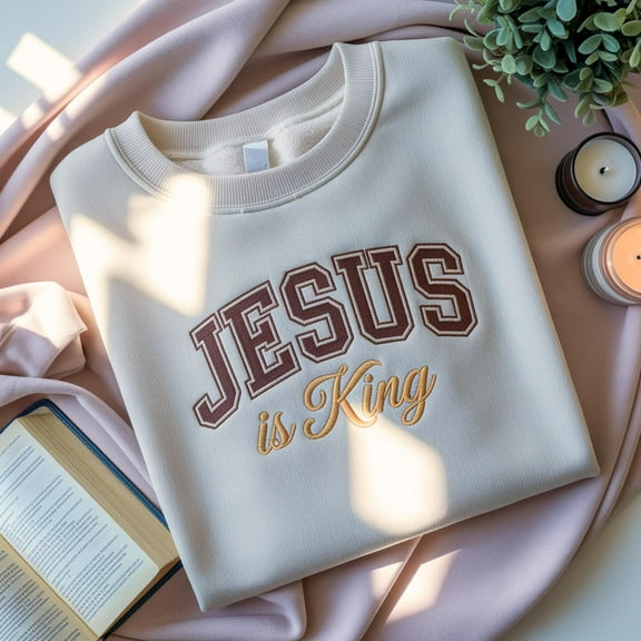 EMBROIDERED Jesus Is King Comfort Colors Sweatshirt, Christian Sweater, Church Apparel, Faith Shirt, Cross Embroidery, Religious Friend Gift