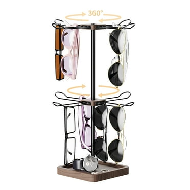 Desktop Sunglasses Organizer for 32 Pairs of Eyewear, 360° Rotating Glasses Display Stand, 2 Tier Metal Eyeglass Storage Organizer Rack, Eye Glass Holder with Wood Base Tray