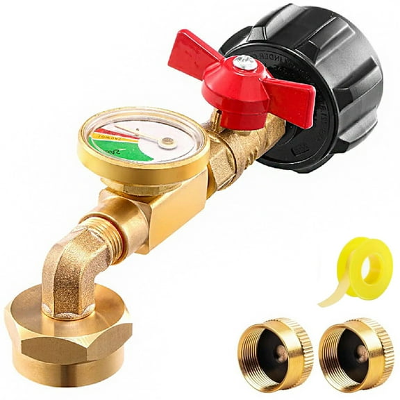 Propane Adapter, QCC1 Propane Refill Elbow Adapter with Gauge and On/Off Control Valve, for 1 lb Propane Tanks, 2 Propane Bottle Caps