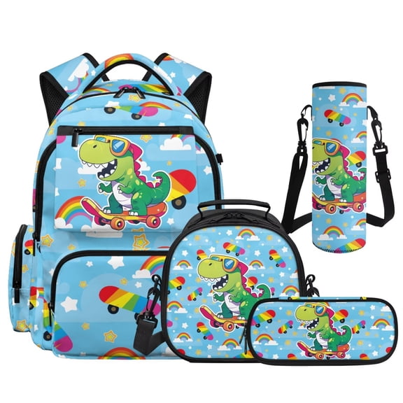 KUIFORTI Green Dinosaur Boys Backpack 4Pcs Set, Cool School Bag with Lunch Box Pencil Pouch for Elementary Primary Middle School Back to School Gifts