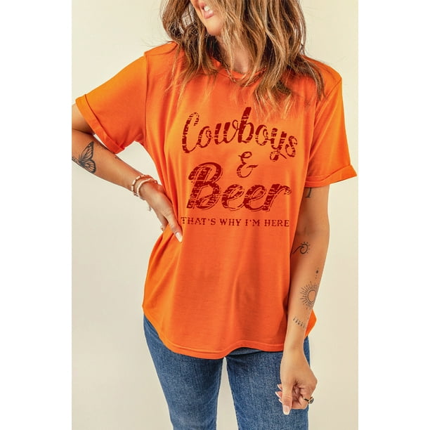ABPHQTO Camiseta de manga corta con estampado de letras de cerveza y vaqueros naranja para mujer